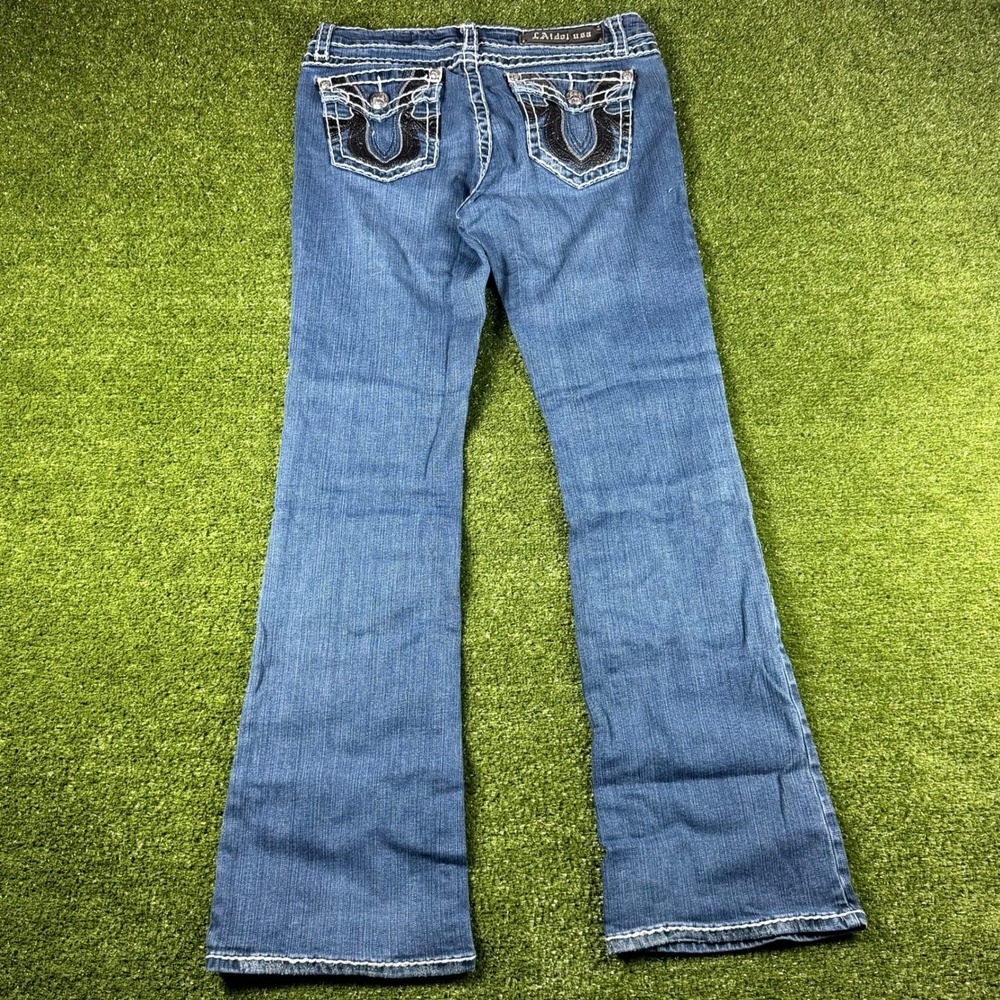 LA Idol USA Womens Bootcut Jeans Size 11 Blue Denim Embellished Pockets 0738